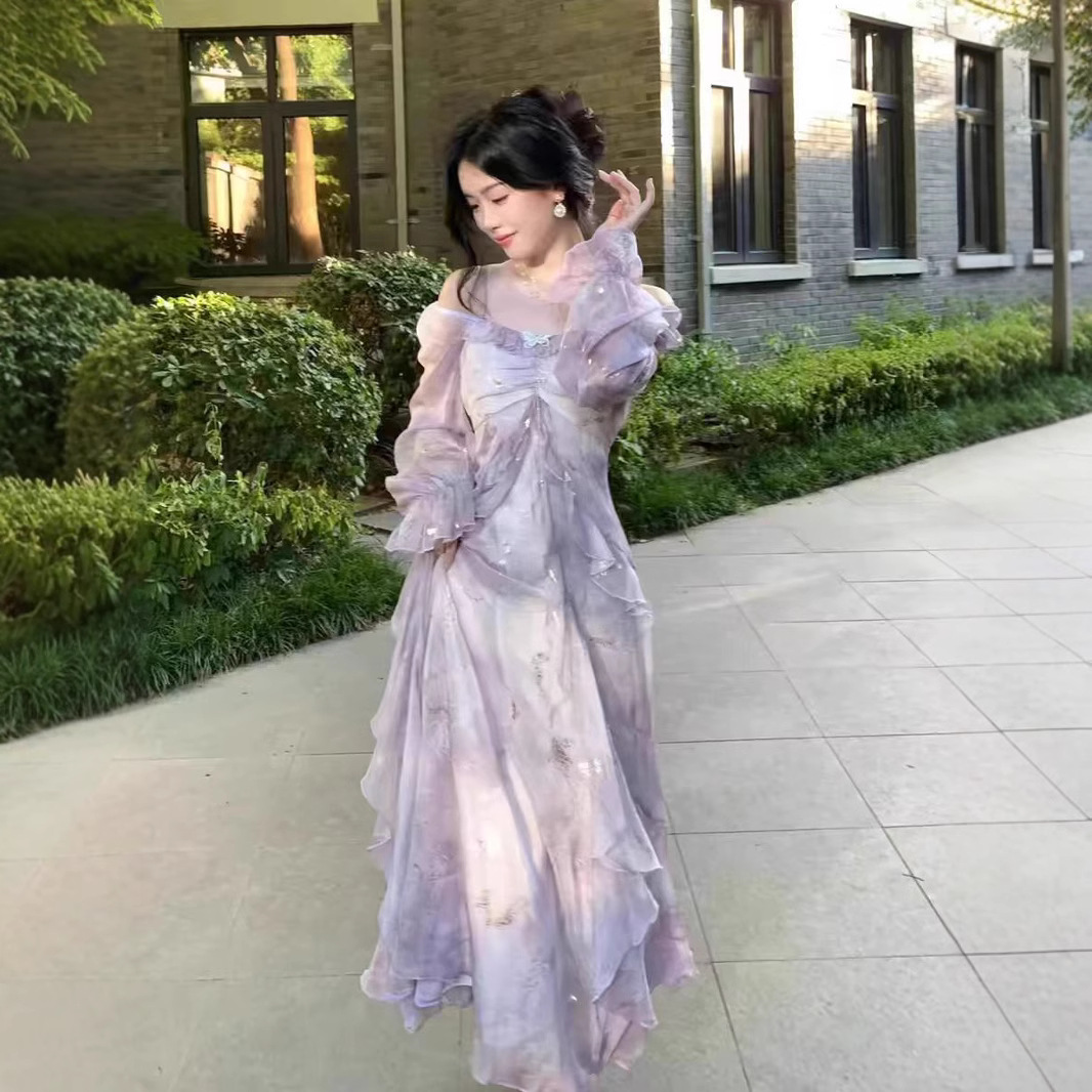 Seaside Vacation Show Temperament Fairy Purple Dye Fairy Fluttering Butterfly Bronzing Ruffled Long Sleeve Sling dress