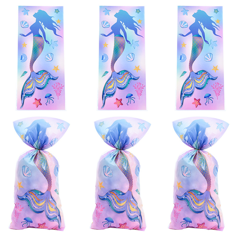 Factory supply mermaid tail opp flat pocket jewelry packaging bag baking bread tie pocket candy gift plastic