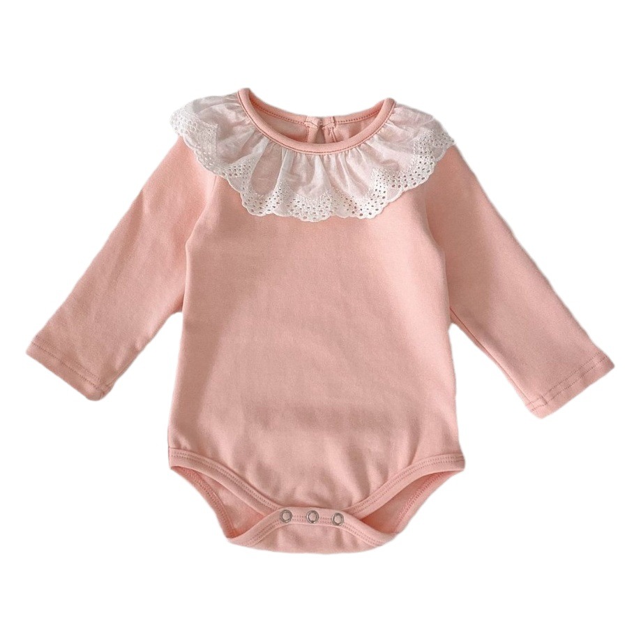 2024 Spring and Autumn New Baby Jumpsuit solid color bottoming long-sleeved romper baby girl lace collar sheath romper