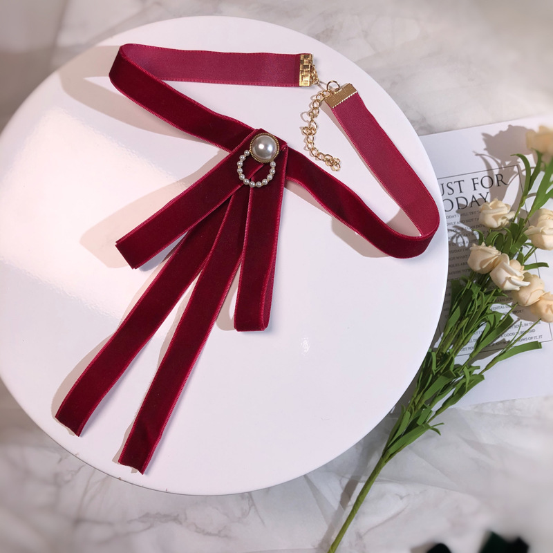 Picture of Small wholesale South Korea ribbon solid color pearl velvet bow tooling collar flower bow female jk shirt uniform