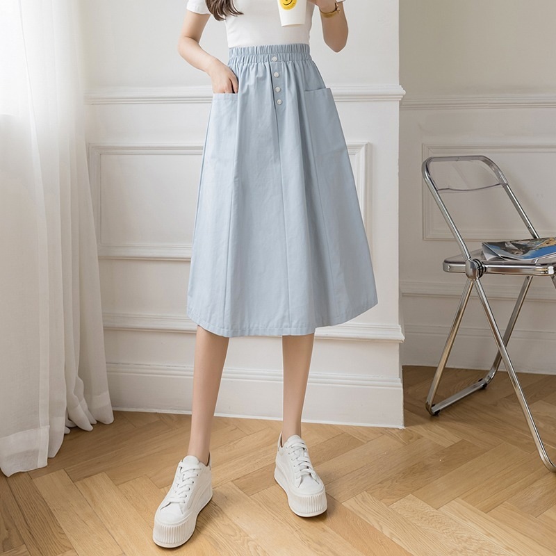 Summer new design umbrella skirt Korean style versatile slimming elastic high waist A- line skirt mid-length large swing skirt