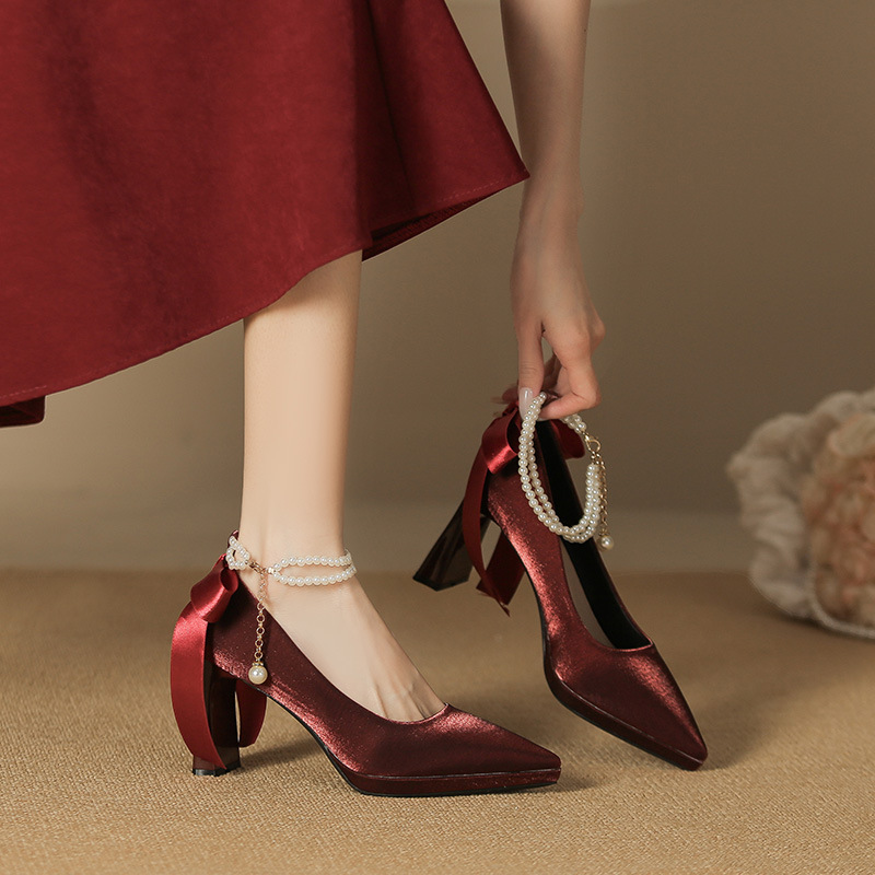 Picture of 8066-7 Temperament French Suede Pointed Thick Heel Women's Bow Pearl Platform High Heel Shoes