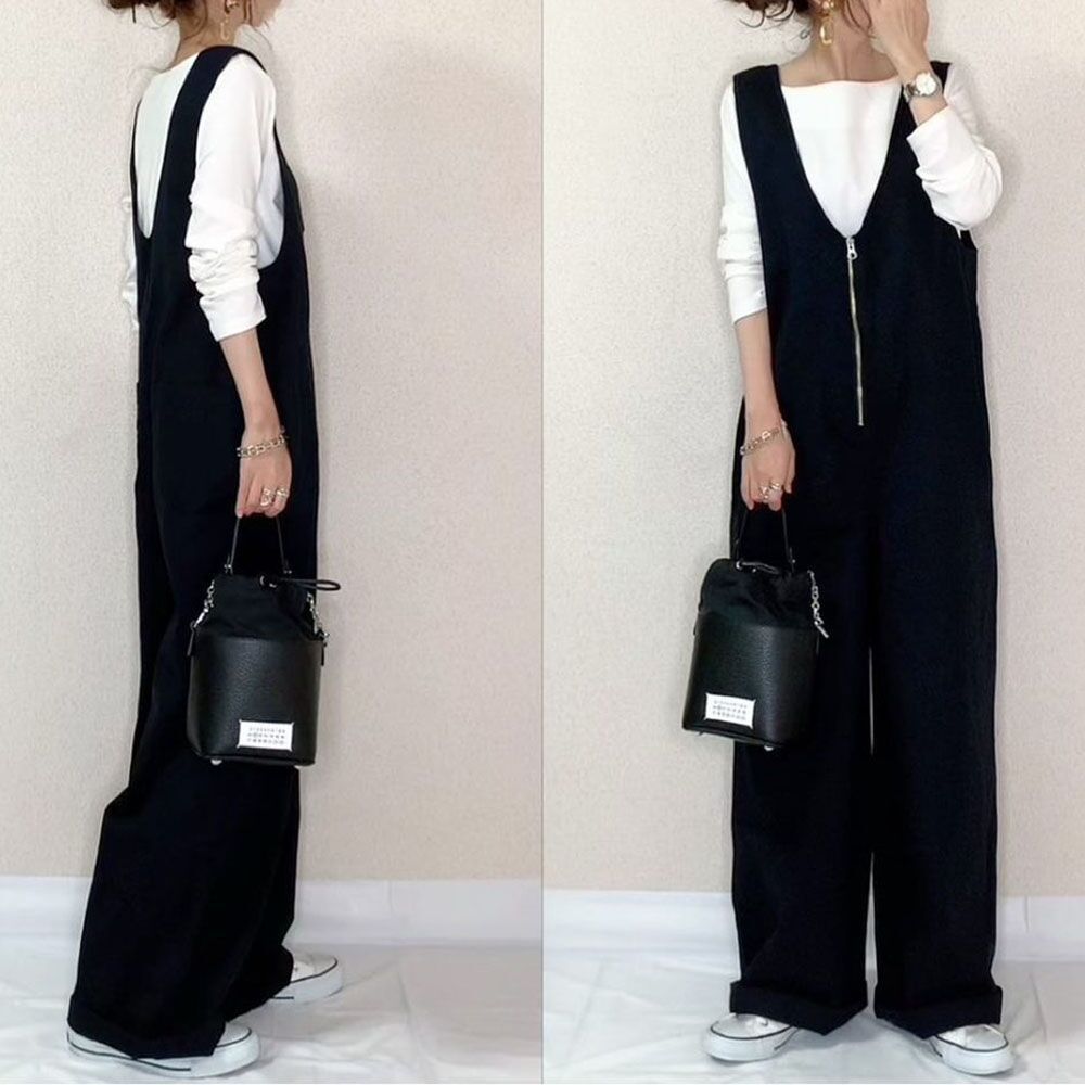 Picture of in stock 3-color Japanese 2024 Summer New Solid Color Zipper Strap Wide Leg Pants Slim-fit Dipping Jumpsuit