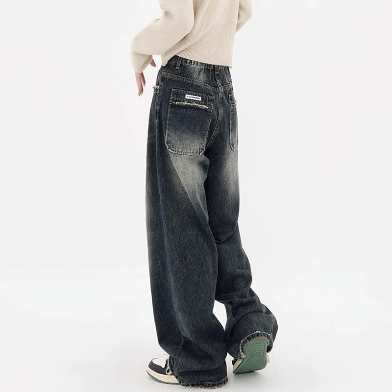 Kenh American Retro High Street Dark Blue Wide Leg Jeans for Women 2025 Loose Floor-Length Straight Wide Leg Pants