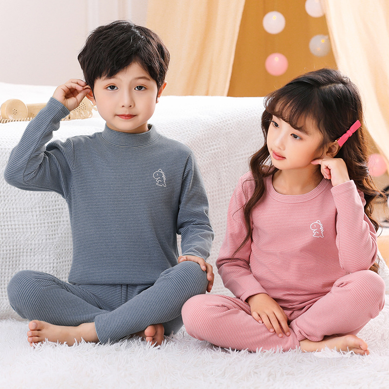 Picture of Children's double-sided brushed plush Long Johns boys and girls winter thermal underwear suit mid-collar bottoming striped pajamas