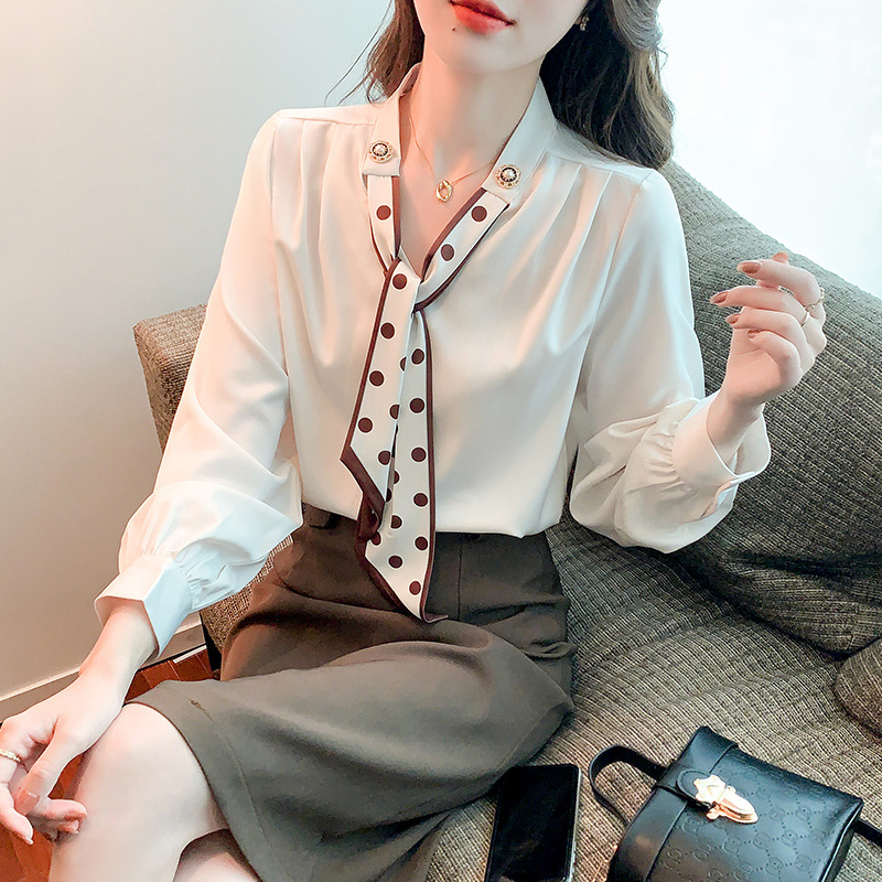 Light Mature Style Ribbon Shirt 2025 Autum New Korean Style Versatile Splicing Lace-Up Bow Long-Sleeved Shirt for Women