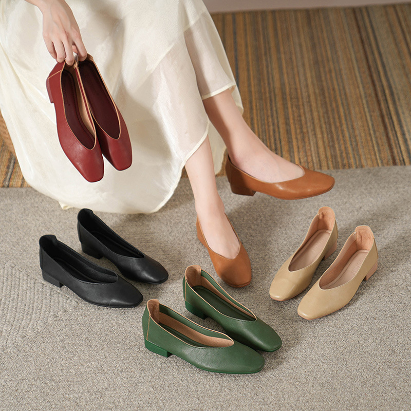 Soft Bottom New Style Comfortable Breathable Low Heeled Square Head Shallow Mouth Single-layer Shoes Women's Soft Cotton Flat Foot-free Milk Shoes for Work