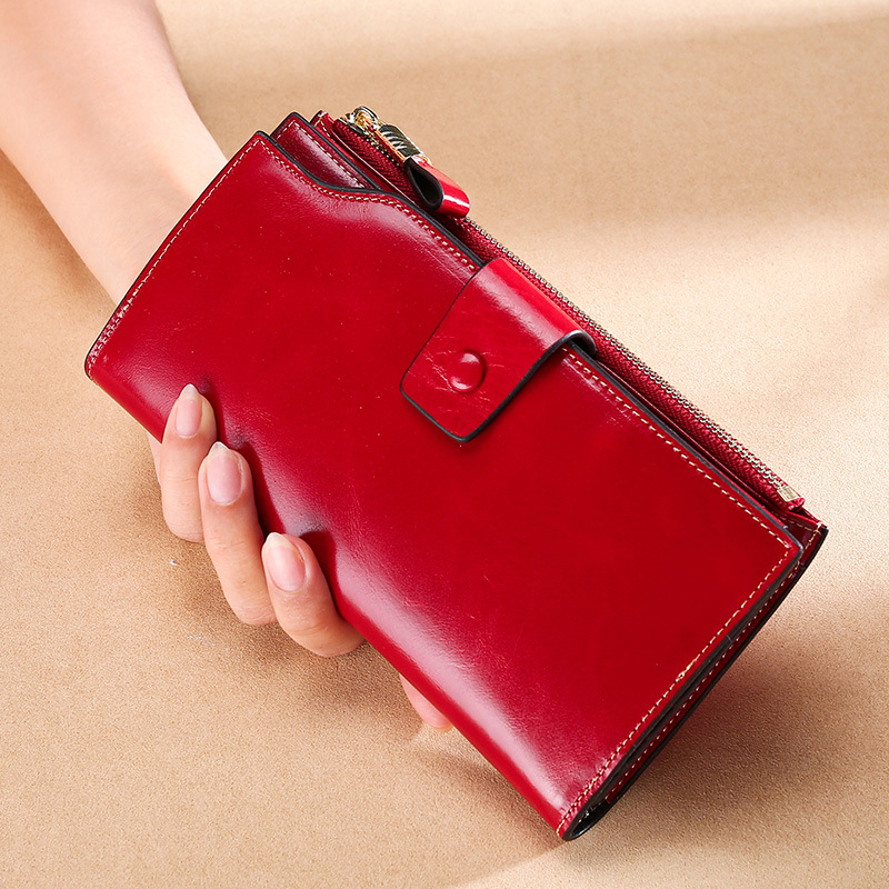 Picture of Cross-Border Genuine Leather Long Women's Wallet Rfid Anti-Theft Multi-Card Slot Wallet Retro Oil Wax Leather Girls' Clutch Bag