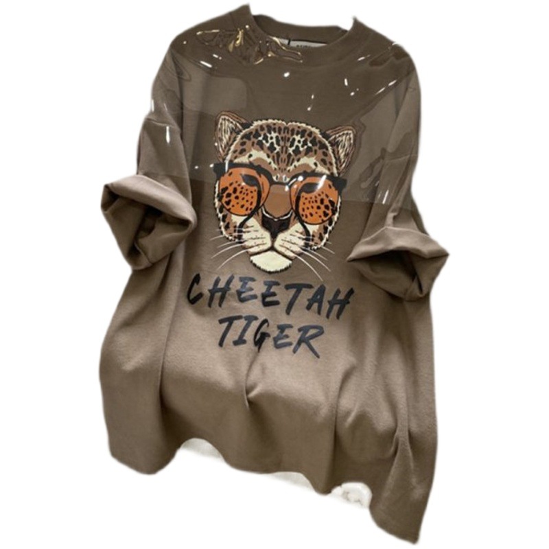 2024 Early Autumn New oversize Sanding Cotton Tiger Head Cartoon Printed Loose Thickened Short-sleeved T-shirt Top