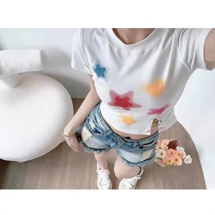 Summer Short-sleeved 2024 New Fashion Girl Korean Style Stylish Butterfly Design T-shirt Short Star Trendy