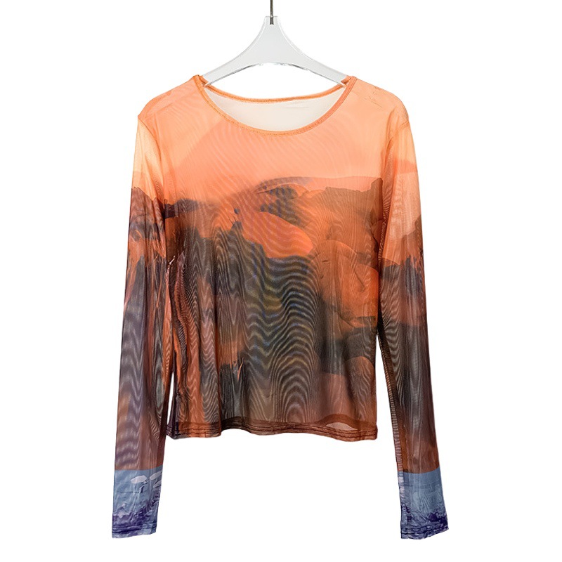 Cool and Smooth Anti-Hook Silk Mesh Long-Sleeved T-Shirt Women's Summer Sizzy Transparent Perspective Long-Sleeved Elastic Base Shirt Thin