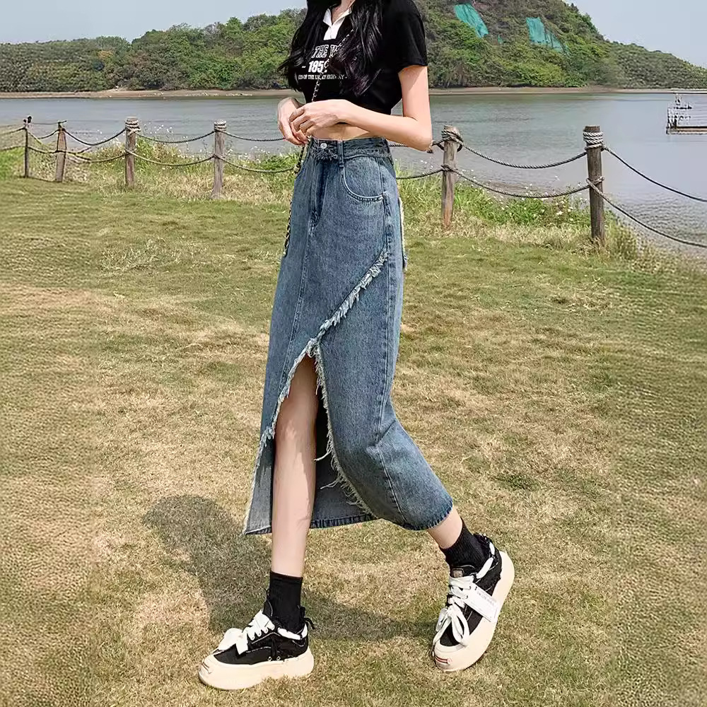 Summer Retro Denim Skirt Women's 2024 New Irregular Split Rust High Waist Slim A- Line Mid-Length Skirt