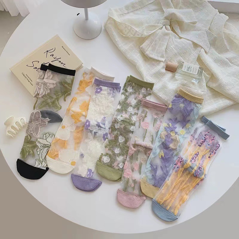 JK Glass Silk Socks for Women Summer Crystal Stockings Ultra-thin Transparent Cassette Cotton Bottom Mid-calf Socks for Women Manufacturers Wholesale
