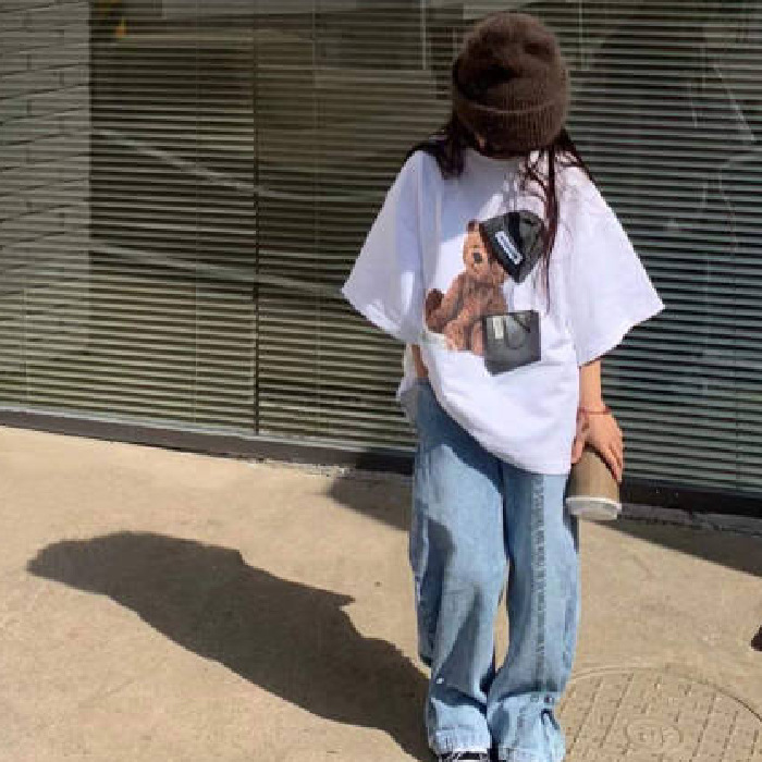 Korean Children's Wear Boys and Girls Pure Cotton T-shirt 2023 Summer New Korean Style Girl's BF Style Mid-length Short-sleeve Dress Trendy