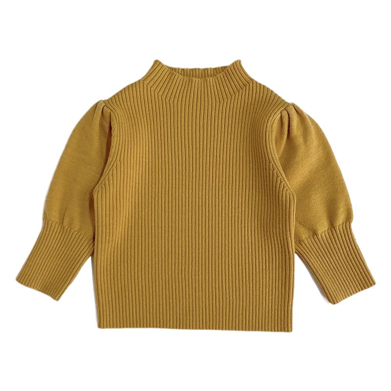 [in stock] Girls' Sweater Base Shirt Bubble Sleeve White Half-turtleneck Elastic Knitwear Children's Spring and Autumn