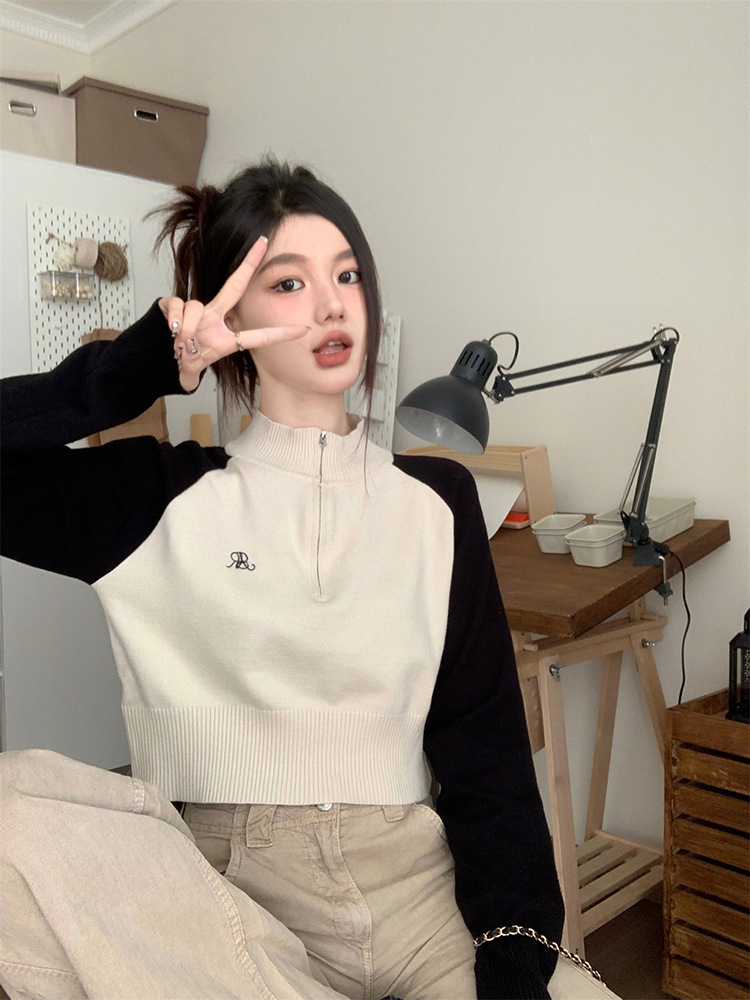 American Retro Half Cardigan Zipper Knitwear Women's Sweater 2024 Autumn and Winter New Pullover Collar Long Sleeve Top