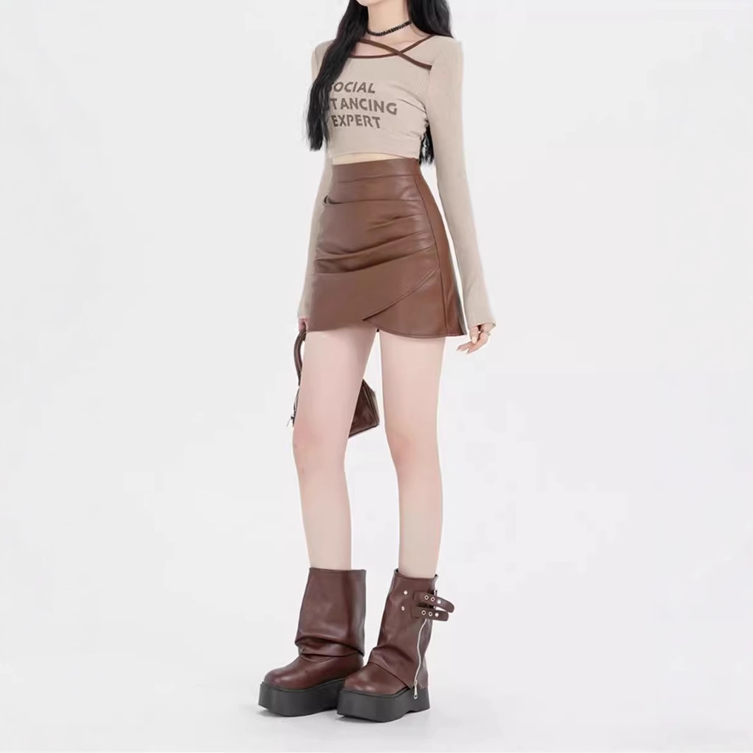 American Style Workwear Black Leather Skirt Women's New Hot Short Skirt for Spring, Autumn and Winter 2024 A- word Hip Half-length Skirt