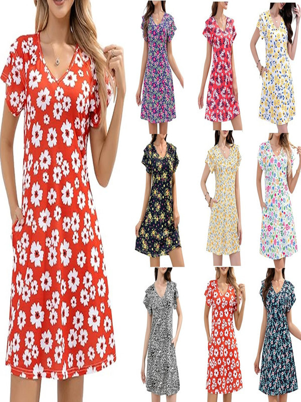 Cross-border Amazon AliExpress 2025 Summer New V-Neck Pocket Double Ruffle Sleeve Floral Casual Dress