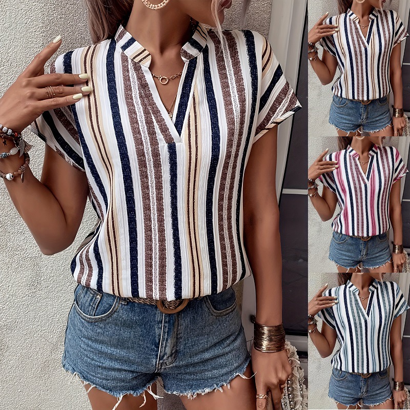 2024 cross-border European and American women's clothing Amazon independent station spring and summer new striped printed V-neck bat sleeve shirt T-shirt