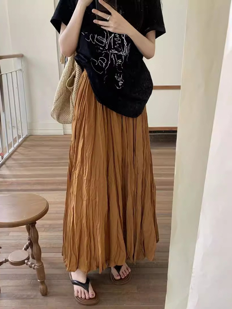 Multicolor in stock 2024 Long Lazy Skirt Large Skirt Pleated Walking Skirt Loose Waist Hip Covering Pleated Skirt