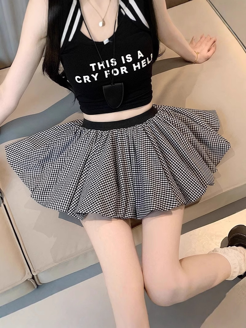 Contrast Color Plaid Bud Skirt Petite Skirt Short Skirt Women's Summer High Waist Anti-Exposure A-Line Skirt Tutu Skirt