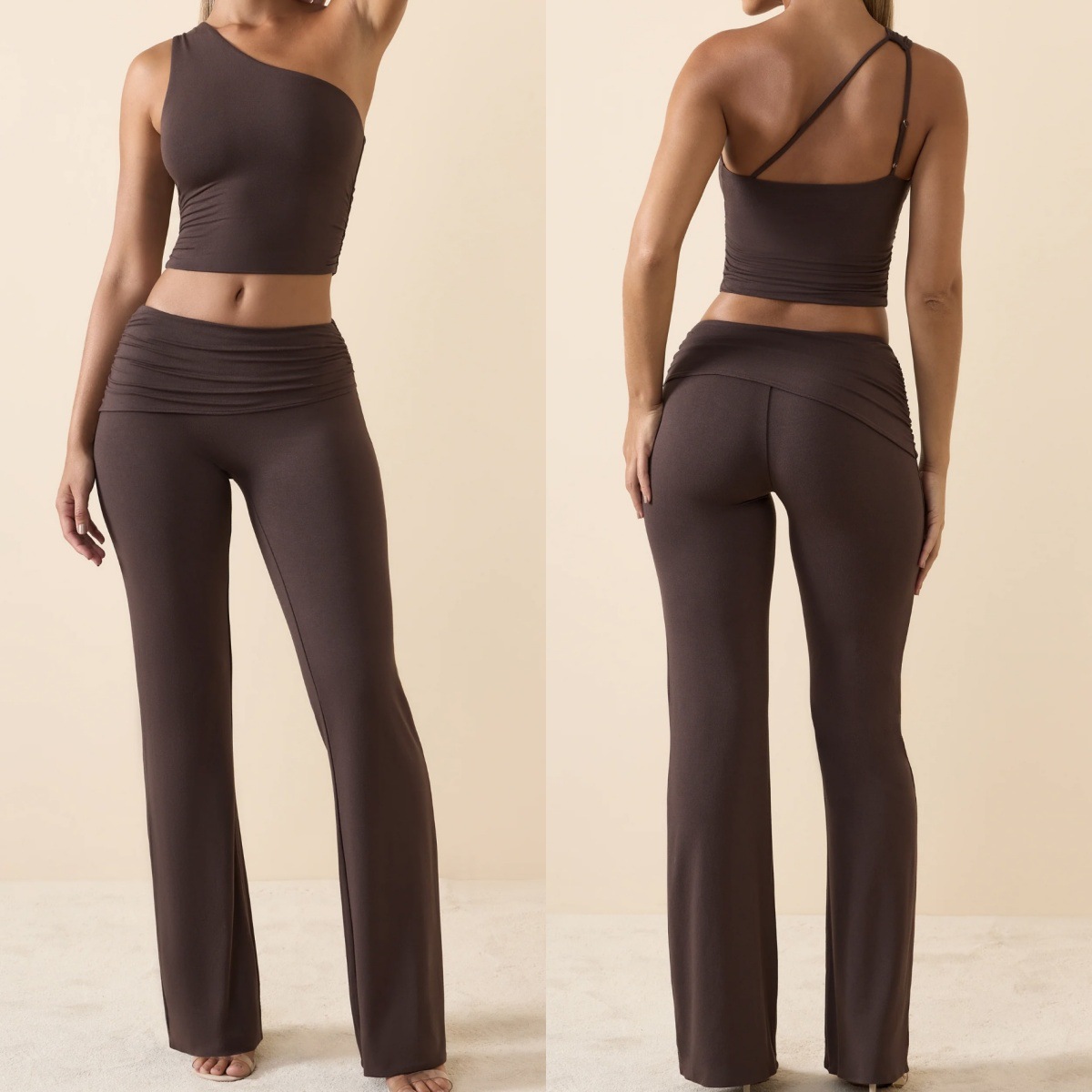suit European and American oblique shoulder sexy sports bra women's fitness yoga wide leg flared pants pants bare breathable thin