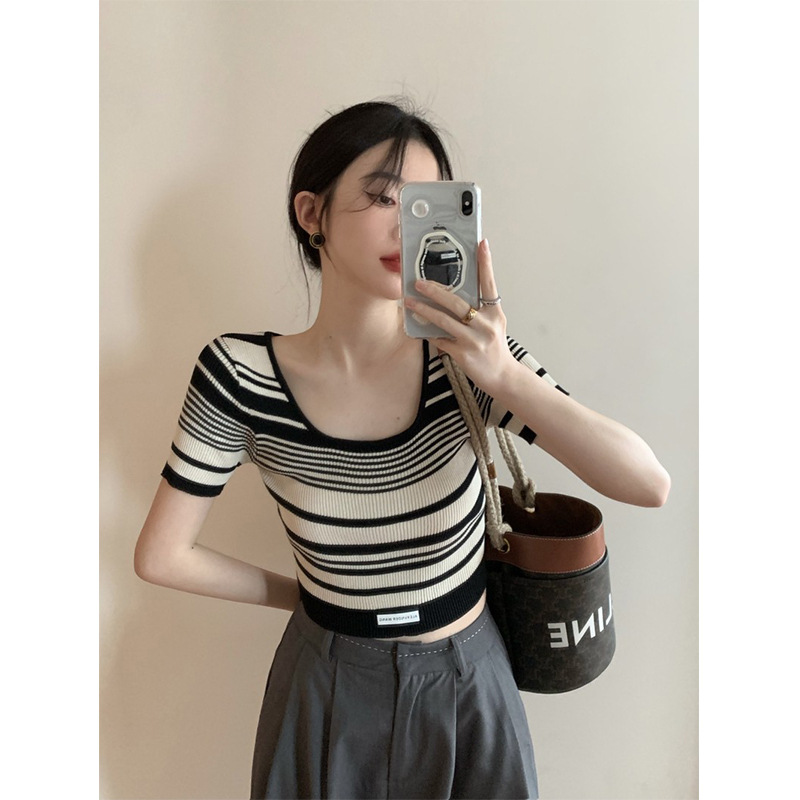 Cross-Border Export Small Fragrance Short-Sleeved T-Shirt Summer Retro Slim Versatile Knitwear High-Waisted Short Top Slimming Look