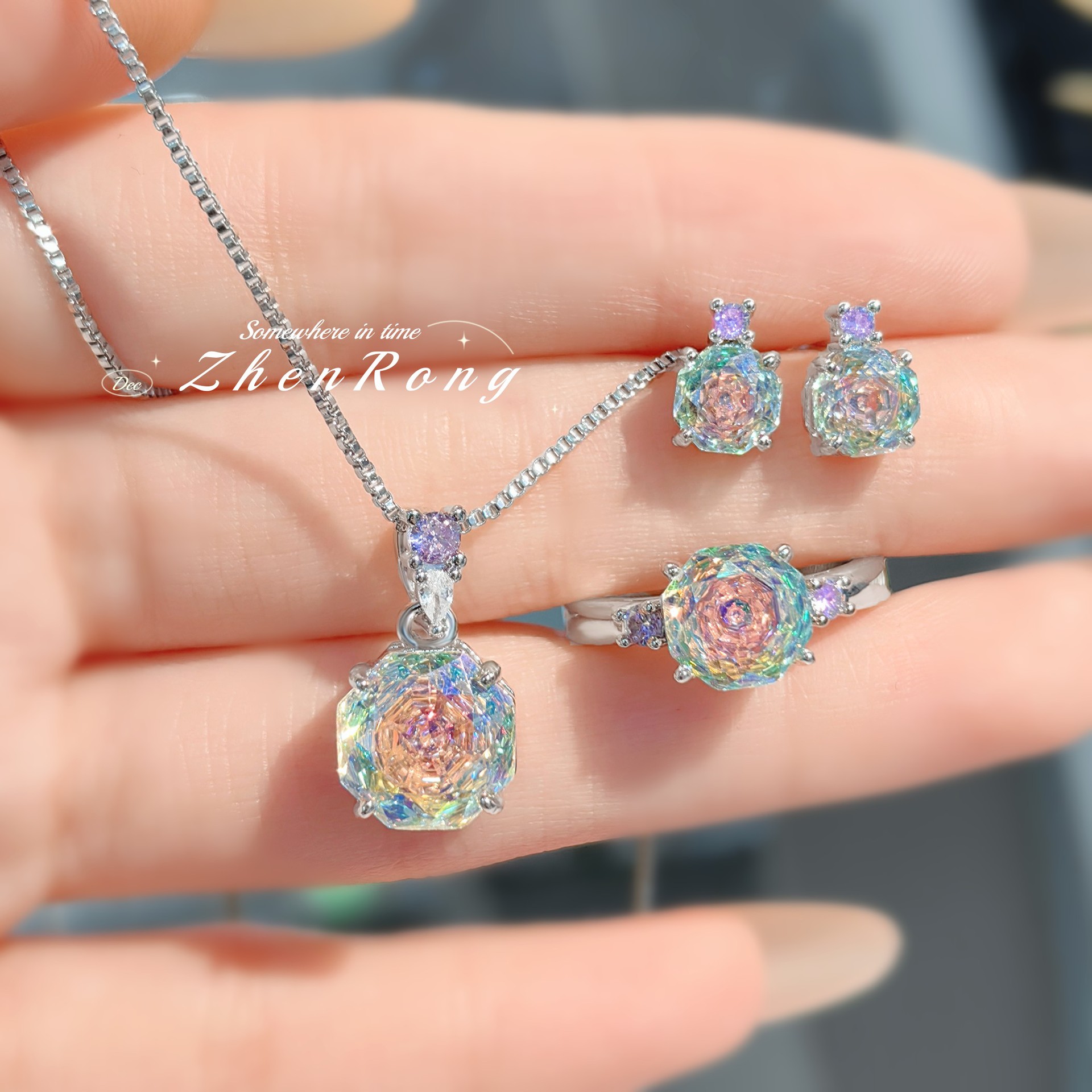 Octagonal Millennium Rose Cut Colorful Necklace Pendant Inlaid with High Carbon Diamond Chinese Red Earrings Color Treasure Pink Diamond Ring for Women