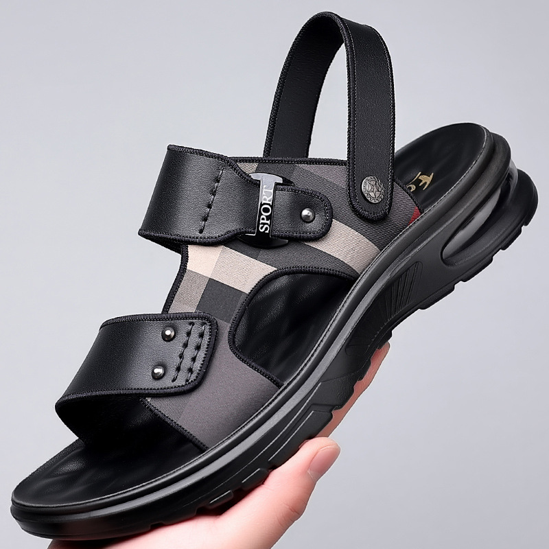 Sandals Men's 2025 New Fashionable Genuine Leather Soft Sole Outer Wear Men's Beach Shoes Thick Sole Air Cushion Dual-Use Wear-Resistant Sandals