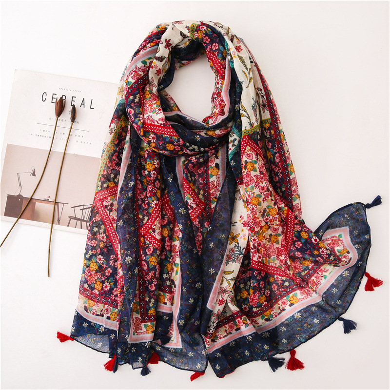 Vintage Cashew Flower Cotton Linen Printed Scarf Romantic Summer Travel Sunscreen Shawl Beach Towel Dual-Use Women