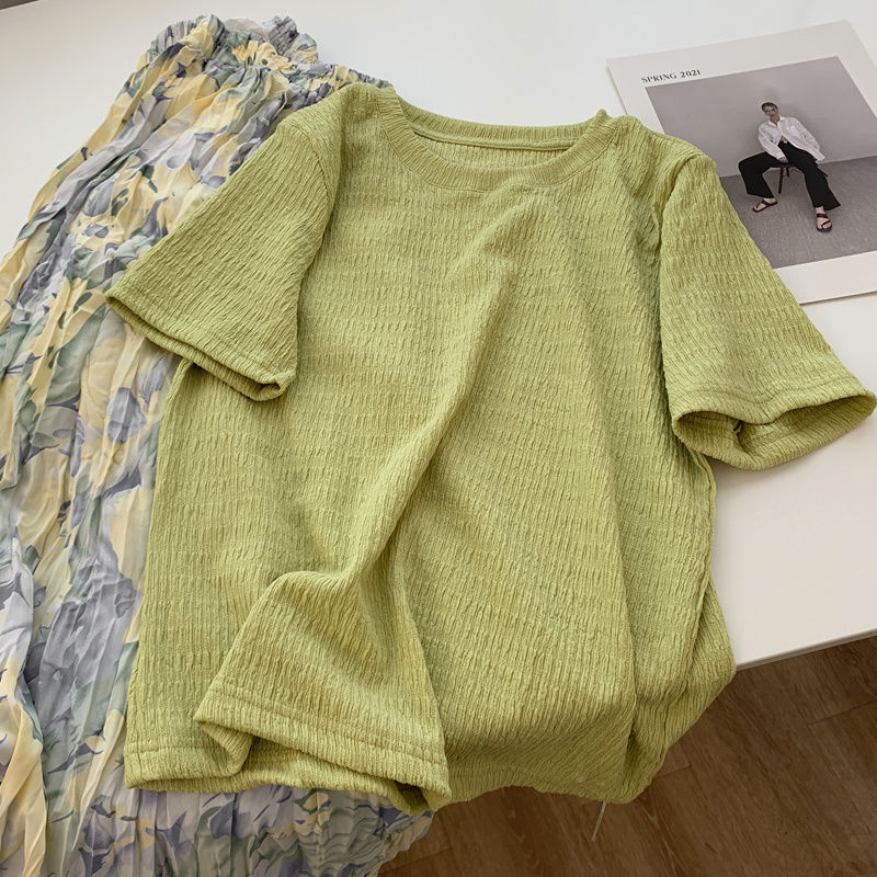 Picture of Ins Super Fire Texture Short-sleeved T-shirt Women's Summer Loose Slimming All-match Sweet and Vassal Style Solid Color Half-sleeved Clothes Trendy
