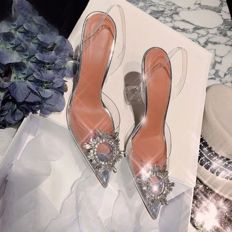Thin Heel All-match Baotou Crystal Heel High Heel Fashion Sandals Women's 2024 Summer New Fashion Rhinestone Transparent Sandals