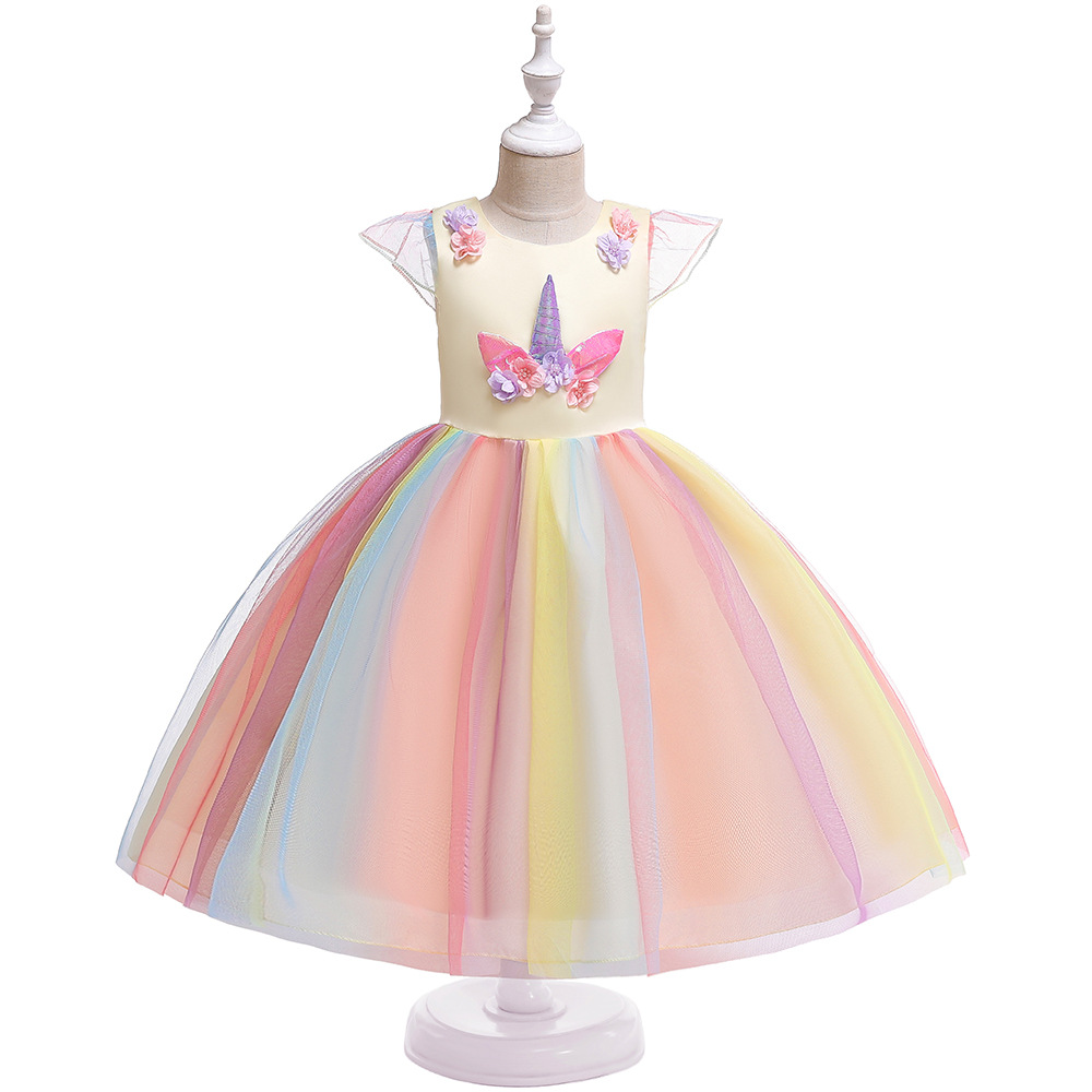 Picture of 20.23 million Christmas Dress Children Unicorn Dress Girl's Gauze Rainbow Princess Dress Cotton 4-12 Years