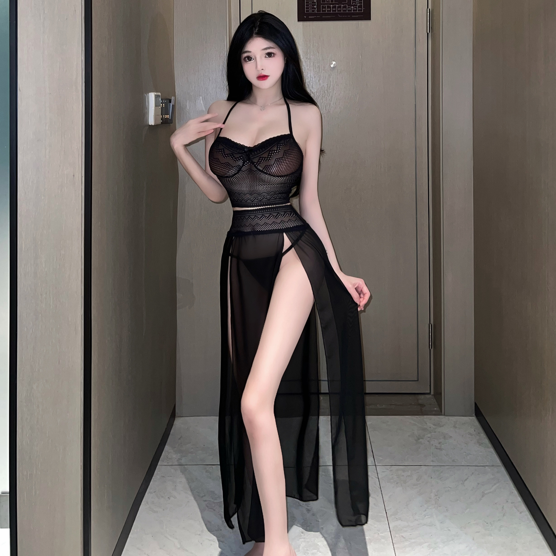 Sexy lingerie lace tube top see-through seductive pajamas sexy split dress halter lace uniform suit