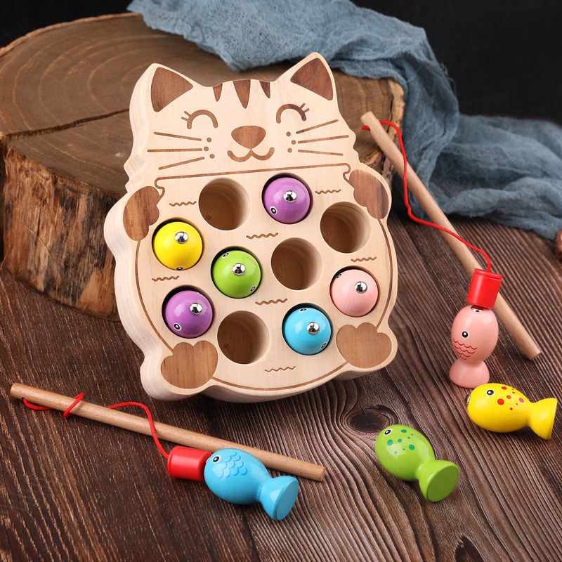 Picture of cpc children's educational toys magnetic kitten fishing games concentration training wooden fishing magnetic toys