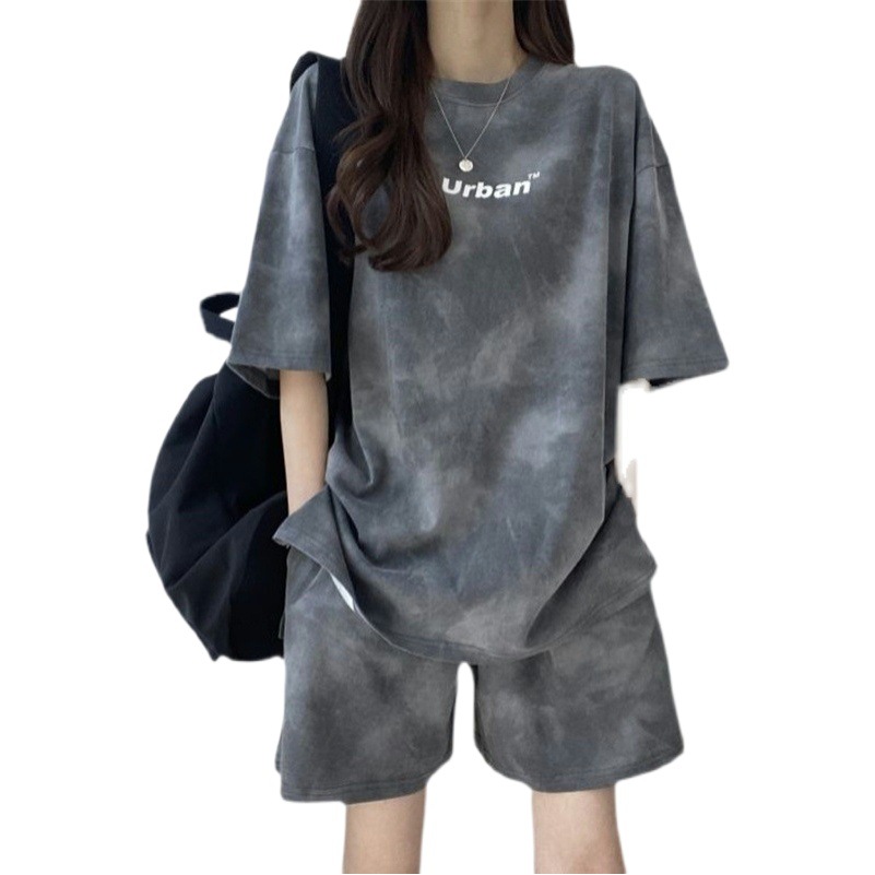 Tie-dye Sportswear Small Two-piece Set Women's Summer Casual Short-sleeved T-shirt Base Shirt Loose Wide-leg Shorts Set