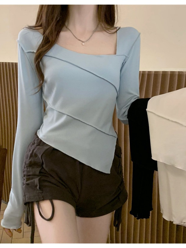 Base Shirt Women's Spring and Autumn Spice Girls New Slim-fit Irregular Top Trendy Ins Girl's Square Collar T-shirt Long Sleeve