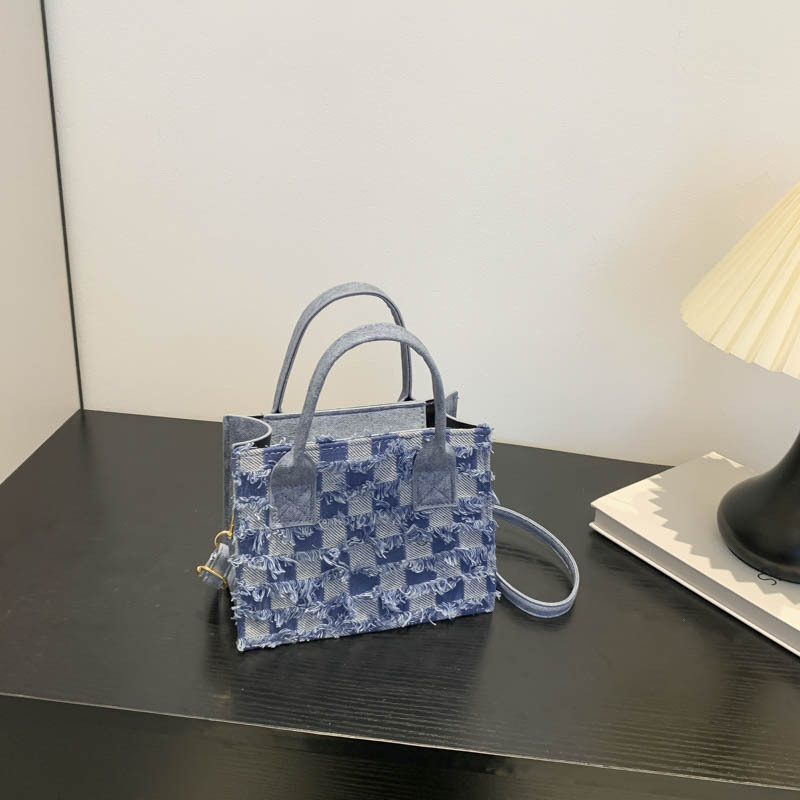 Picture of New Arrival Denim Canvas Bag Checkboard Women's Bag Niche Fashionable Trendy All-match Portable Small Square Bag Crossbody Bag