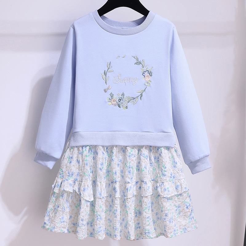 Girls' Dress Spring and Autumn Western Style Girl's Long-Sleeved Splicing Dress Korean Style Baby Girl's Floral Princess Dress