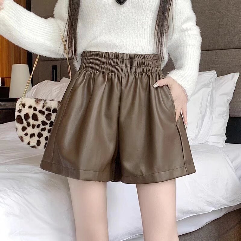 Leather shorts women's autumn and winter outer wear autumn high waist leather pants plus size wide leg slimming loose bottoming boot pants
