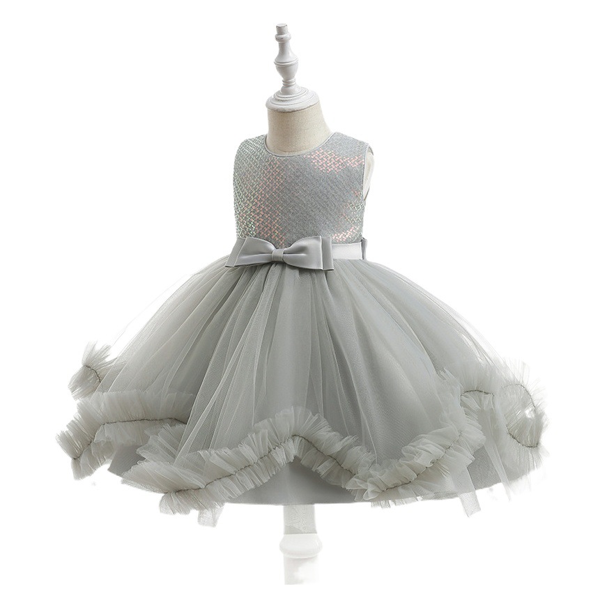 Cross-Border New Sequined Mesh Skirt Bow Sleeveless Dress Girls Dress Piano Catwalk Performance Clothing