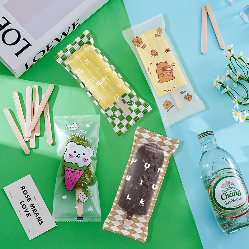 Cartoon Ice Cream Packaging Bag Menglong Ice Cream Wooden Stick Household Transparent Popsicle Popsicle Popsicle Ice Packaging Bag Wholesale