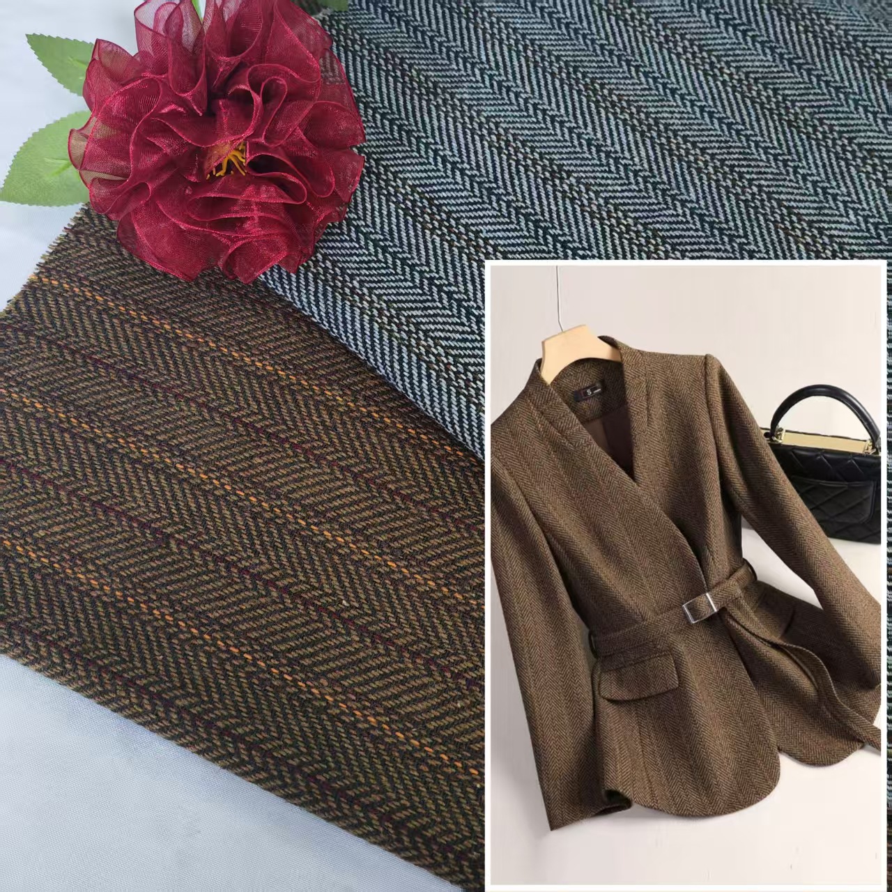 Shaoxing manufacturers stock 25 wool colored strips herringbone suits, men's women's shoes and hats, herringbone coarse woolen fabric