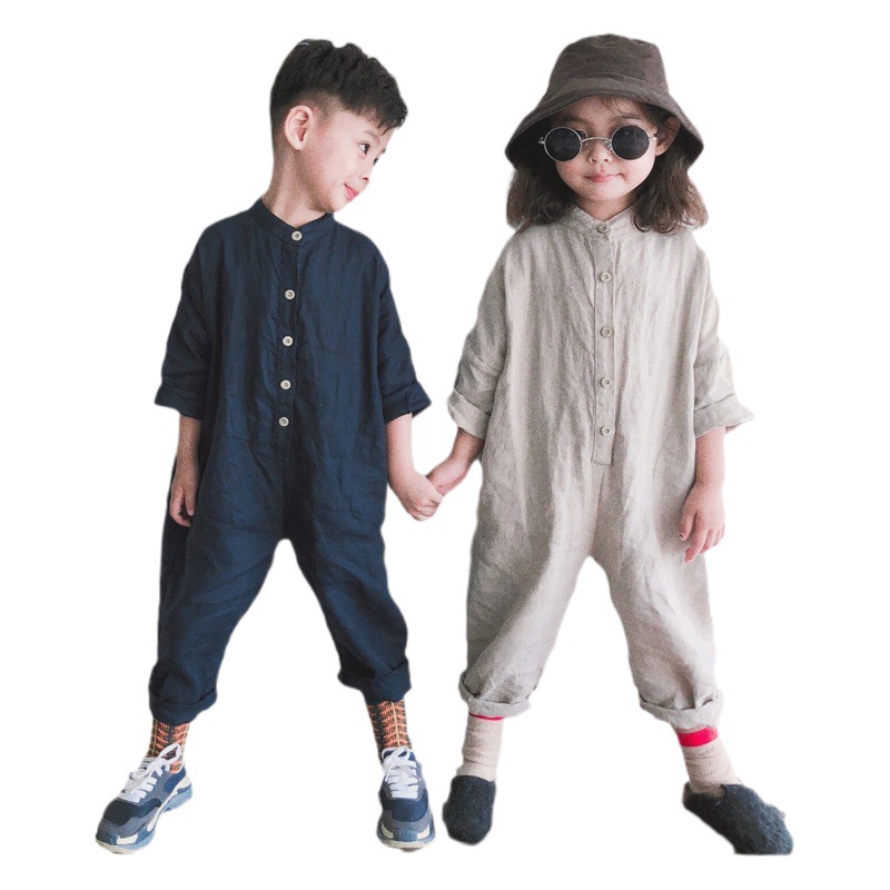 Children's Jumpsuit Long-Sleeved Baby Pants Category a Korean Style Pure Color Linen Buttoned Pants for Boys and Girls Loose Sports