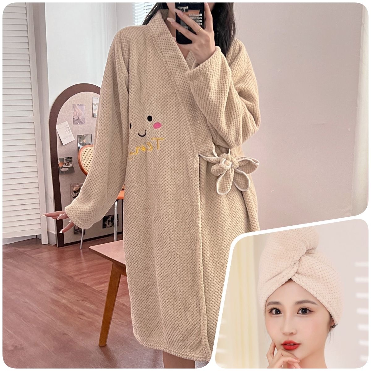 Picture of New wearable bath skirt bathrobe thickened absorbent pineapple Plaid coral velvet home hotel smiley face long sleeve thickened plus size