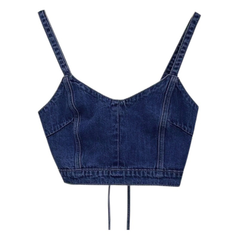 Summer Thin Strappy Korean Style Versatile Chest-Wrapped Denim Camisole Short Navel-Baring Slim-Fitting Top for Women