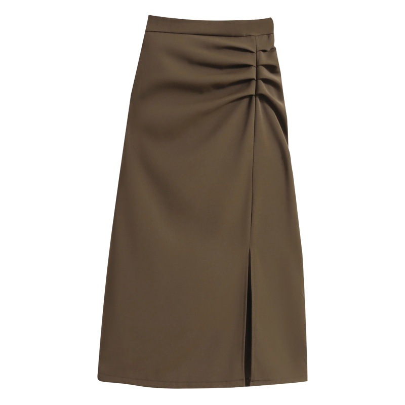 Black skirt women's high-grade draping split midi skirt spring and autumn 2024 New High waist slimming one-step skirt