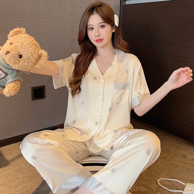 Cute Bear Pajamas Women's Summer Short-sleeved Pants Silk Spring High-end Home Wear Thin suit Wholesale
