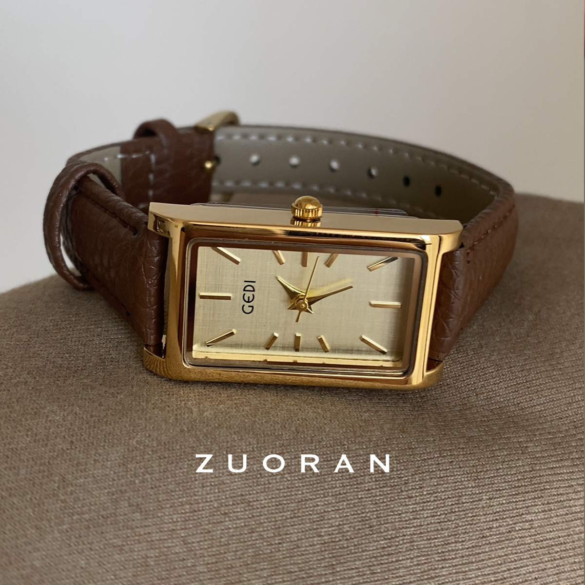 ZUORAN Retro Brown Gold Rectangular Double Dial Fashion Niche Design Genuine Leather Women's Watch Live G284