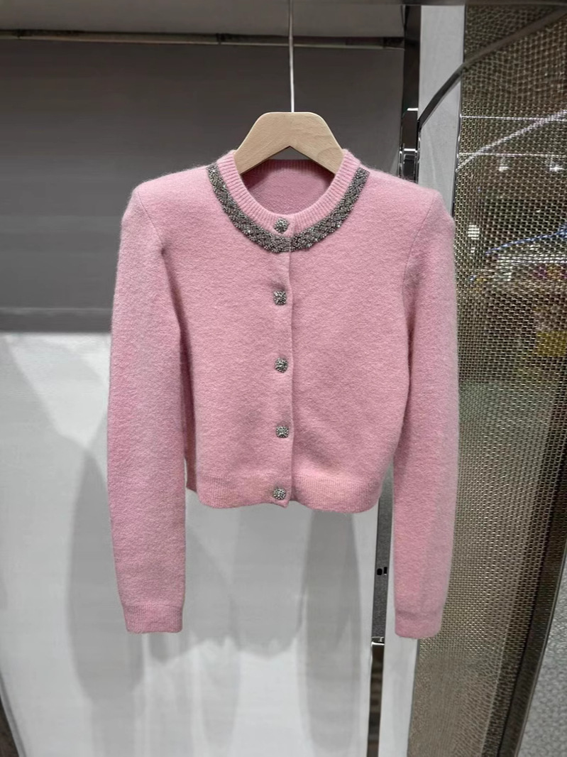 Miu Style Pink Mauhair Cardigan Coat Round Neck Beaded Diamond Button Short Slim-fit Sweater Women's All-match Top Autumn